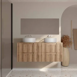 Meuble de Salle de Bains LEON 120cm D?cor Bois - 4 Tiroirs en MDF Ondules - Vasques Rondes 36cm
