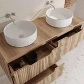 Meuble de Salle de Bains LEON 120cm Décor Bois - 4 Tiroirs en MDF Ondules - Vasques Rondes 36cm