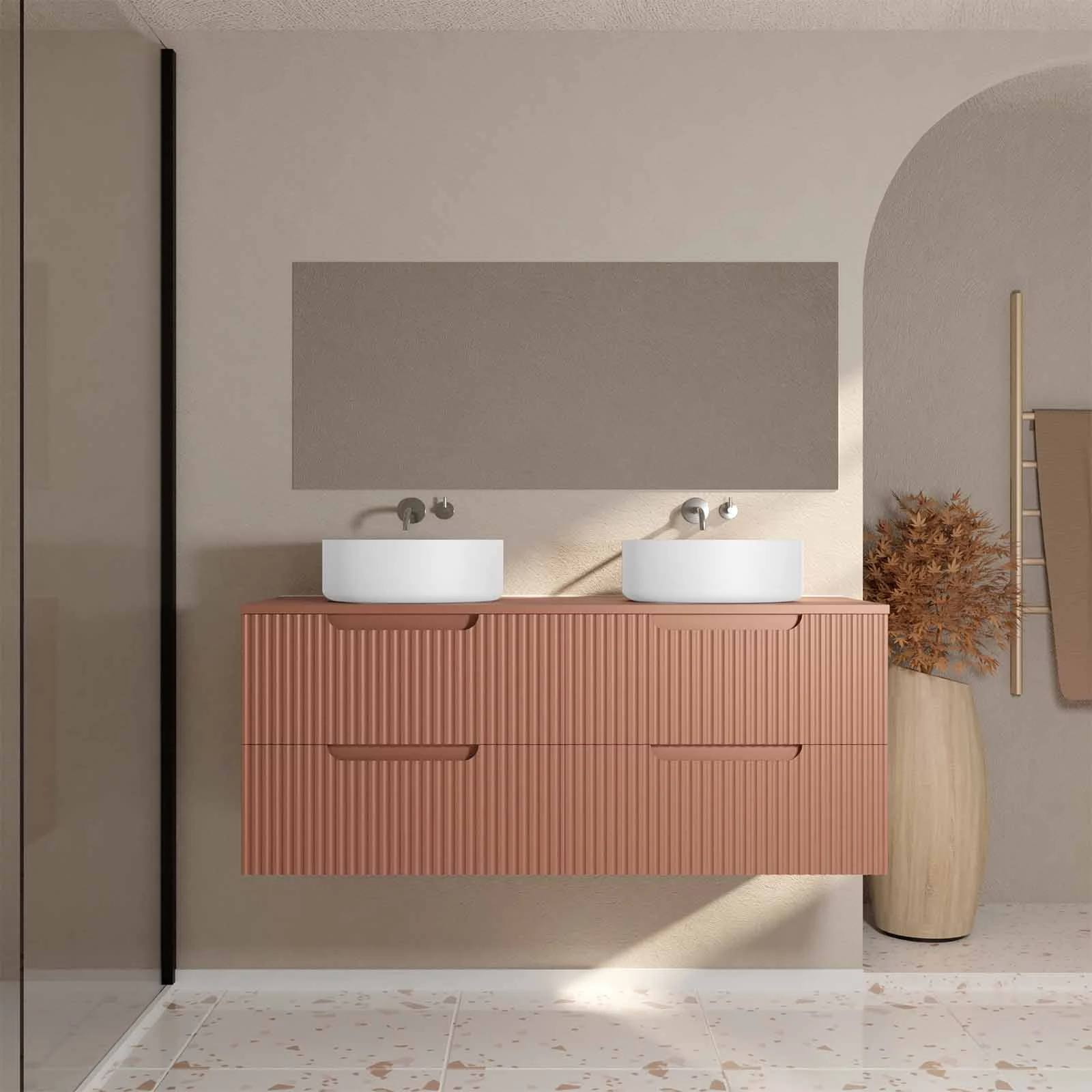 Meuble de Salle de Bains LEON 120cm Terracotta - 4 Tiroirs en MDF Ondules - Vasques Rondes 36cm