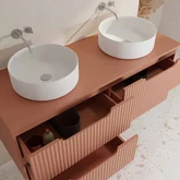 Meuble de Salle de Bains LEON 120cm Terracotta - 4 Tiroirs en MDF Ondules - Vasques Rondes 36cm