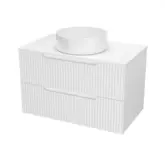 Meuble de Salle de Bains LEON 80cm Blanc Neige - 2 Tiroirs en MDF Ondulés - Vasque Ronde Ø36cm