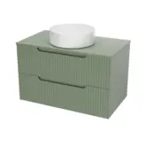 Meuble de Salle de Bains LEON 80cm Vert Olive - 2 Tiroirs en MDF Ondulés - Vasque Ronde Ø36cm