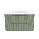 Meuble de Salle de Bains LEON 80cm Vert Olive - 2 Tiroirs en MDF Ondulés - Vasque à encastrer