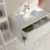 Meuble et colonne de Salle de Bains LEON 80cm Blanc Neige - Façades Ondulées - Vasque Blanche Mate