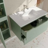 Meuble et colonne de Salle de Bains LEON 80cm Vert Olive - Façades Ondulées - Vasque Blanche Mate
