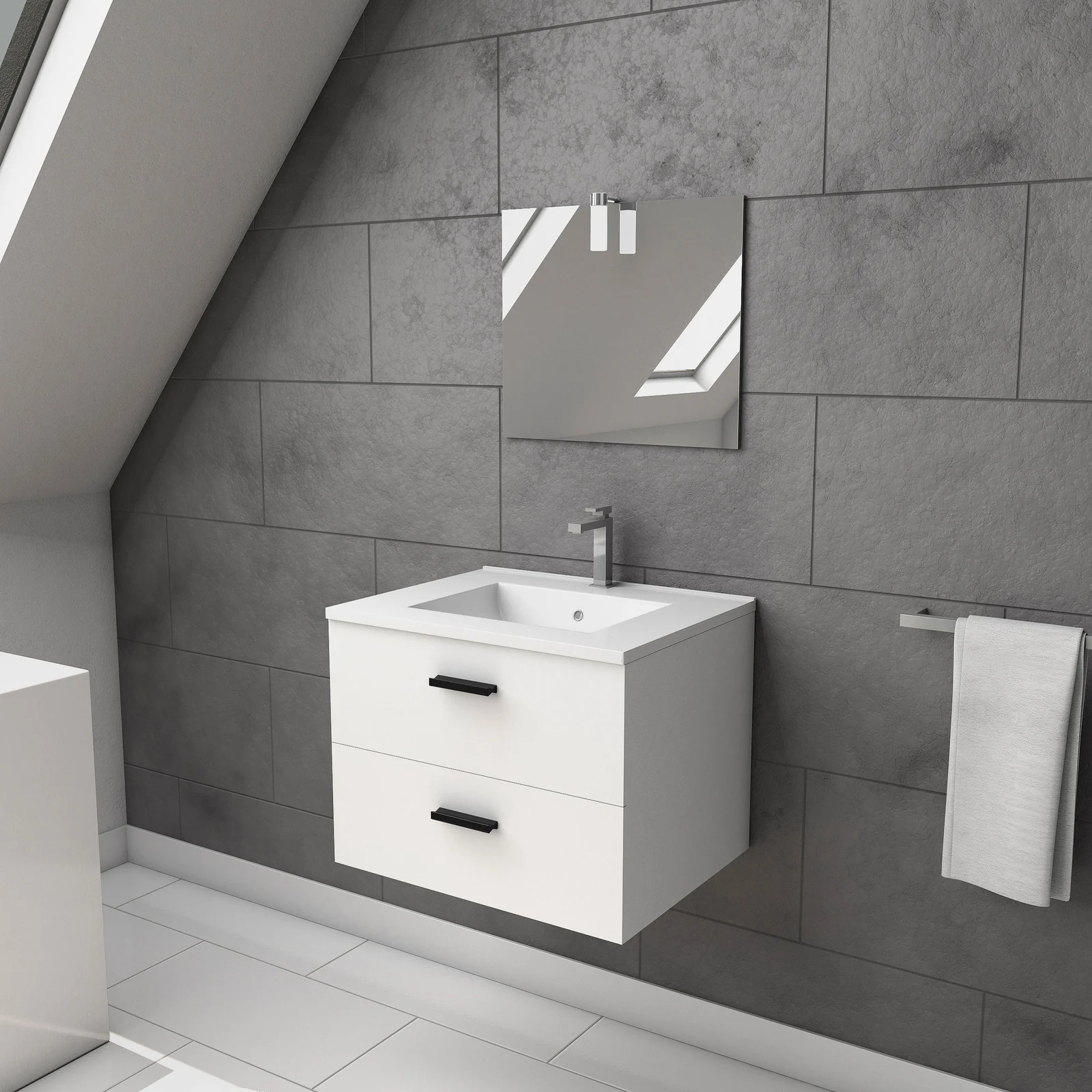 Meuble salle de bain 60 cm monte suspendu blanc - avec tiroirs + vasque + miroir