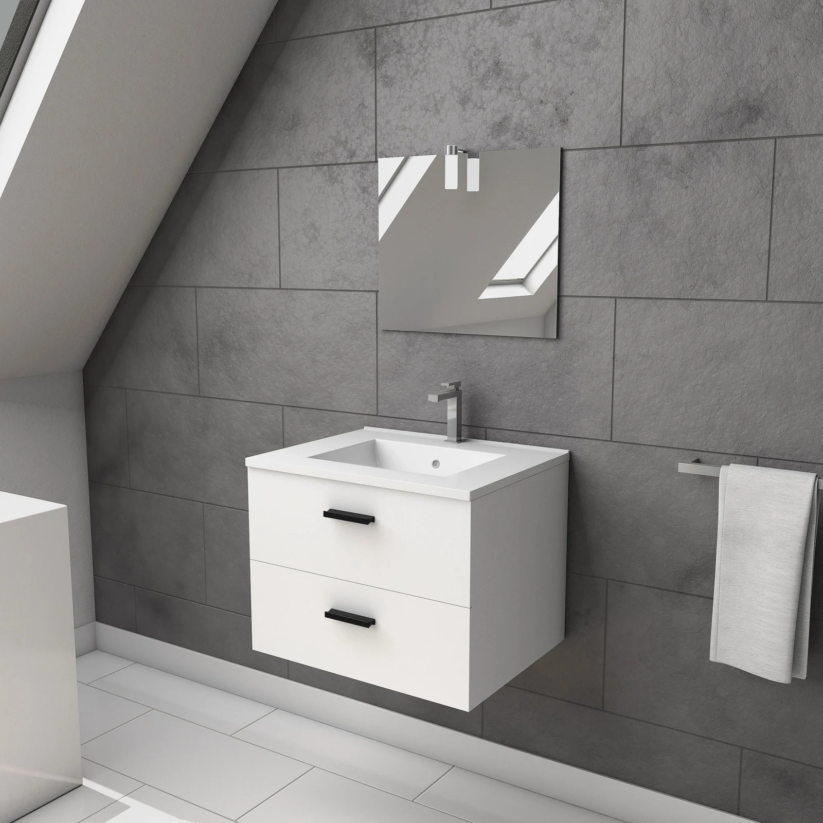 Meuble salle de bain 60 cm monte suspendu blanc - avec tiroirs + vasque + miroir Meuble salle de bain 60 cm monte suspendu blanc - avec tiroirs + vasque + miroir