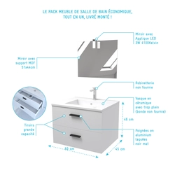Meuble salle de bain 60 cm monte suspendu blanc - avec tiroirs + vasque + miroir