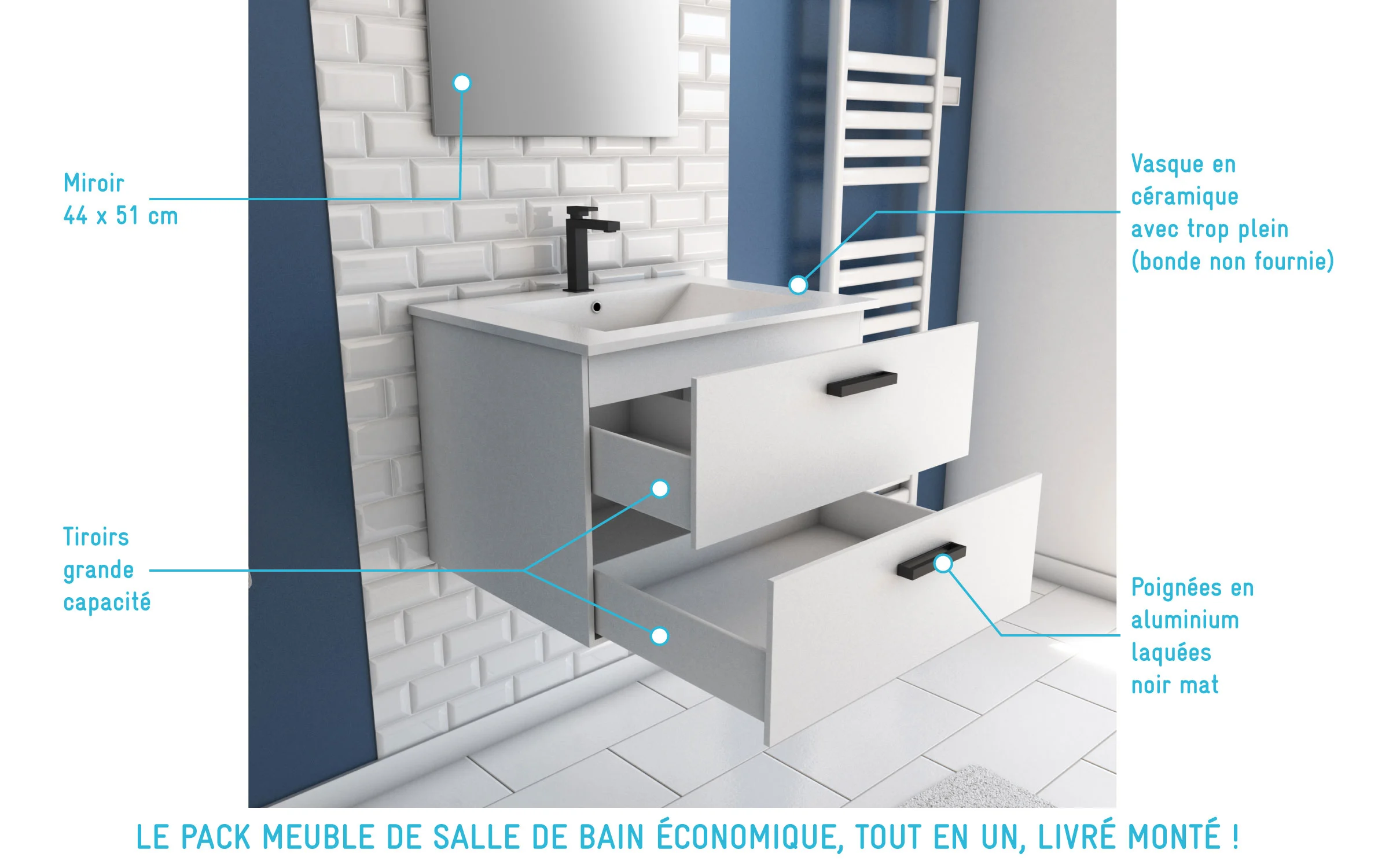 Lomadox Meuble De Salle De Bain Avec 2 Tiroirs à Fermeture