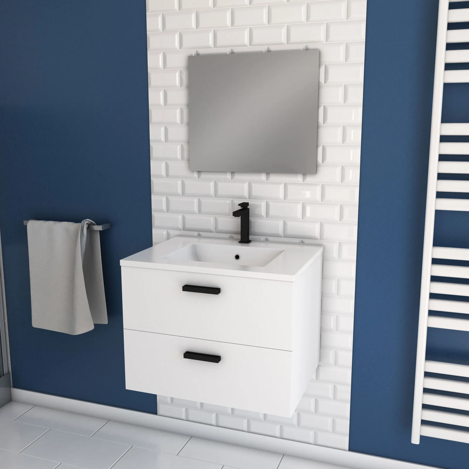 Meuble de salle de bain suspendu blanc, meuble 2 vasques 140 cm