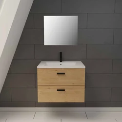 Meuble salle de bain 60 cm suspendu 2 tiroirs finition Bois avec vasque et miroir - BOX-IN 60 WOOD