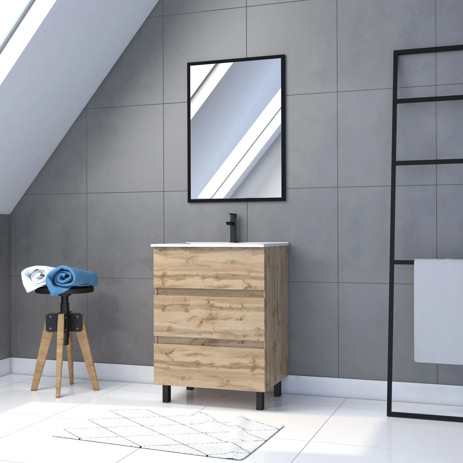 Meuble salle de bain 60 x 80 - Finition chene naturel + vasque blanche + miroir - TIMBER 60 - Pack15 Meuble salle de bain 60 x 80 - Finition chene naturel + vasque blanche + miroir - TIMBER 60 - Pack15