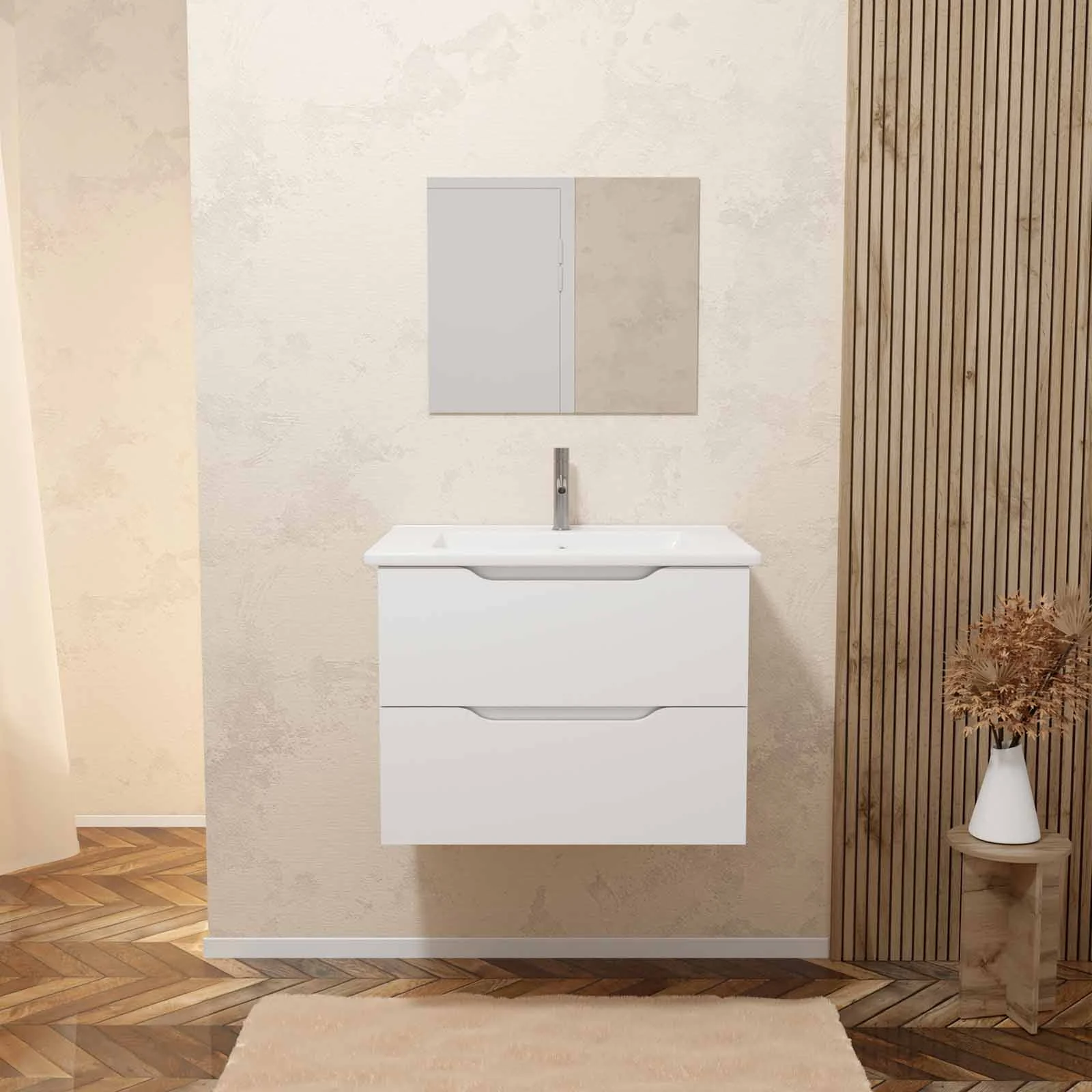 Meuble salle de bain 60cm suspendu 2 tiroirs Blanc Laque poignees integrees vasque et miroir - MILA Meuble salle de bain 60cm suspendu 2 tiroirs Blanc Laque poignees integrees vasque et miroir - MILA