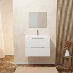 Meuble salle de bain 60cm suspendu 2 tiroirs Blanc Laque poignees integrees vasque et miroir - MILA