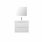 Meuble salle de bain 60cm suspendu 2 tiroirs Blanc Laque poignees integrees vasque et miroir - MILA