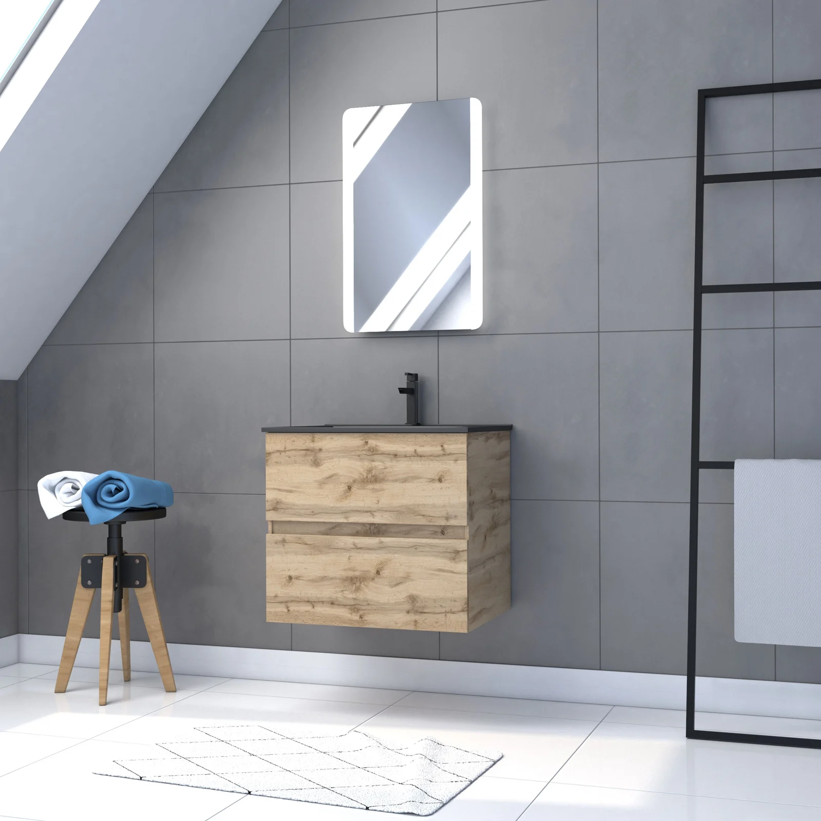 Meuble salle de bain 60x54 - Finition chene naturel + vasque noire + miroir Led - TIMBER 60 - Pack08 Meuble salle de bain 60x54 - Finition chene naturel + vasque noire + miroir Led - TIMBER 60 - Pack08