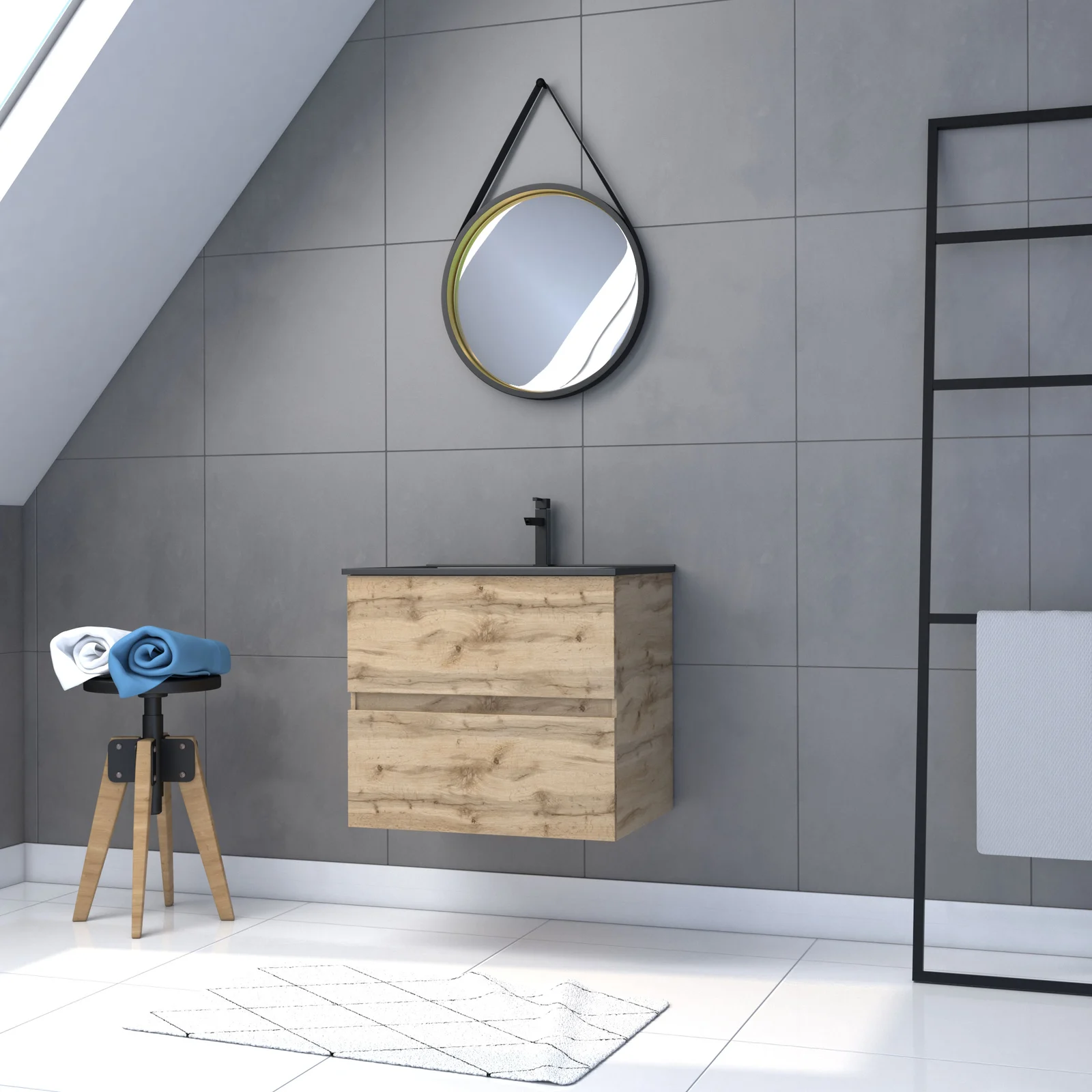 Meuble salle de bain 60x54 -Finition chene naturel + vasque noire + miroir barber-TIMBER 60 - Pack30 Meuble salle de bain 60x54 -Finition chene naturel + vasque noire + miroir barber-TIMBER 60 - Pack30