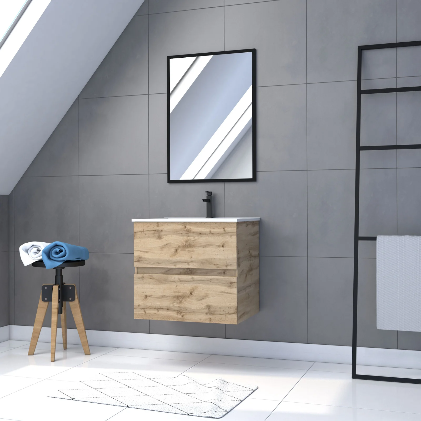 Meuble salle de bain 60x54cm - Finition chene naturel + vasque blanche + miroir - TIMBER 60 - Pack09 Meuble salle de bain 60x54cm - Finition chene naturel + vasque blanche + miroir - TIMBER 60 - Pack09
