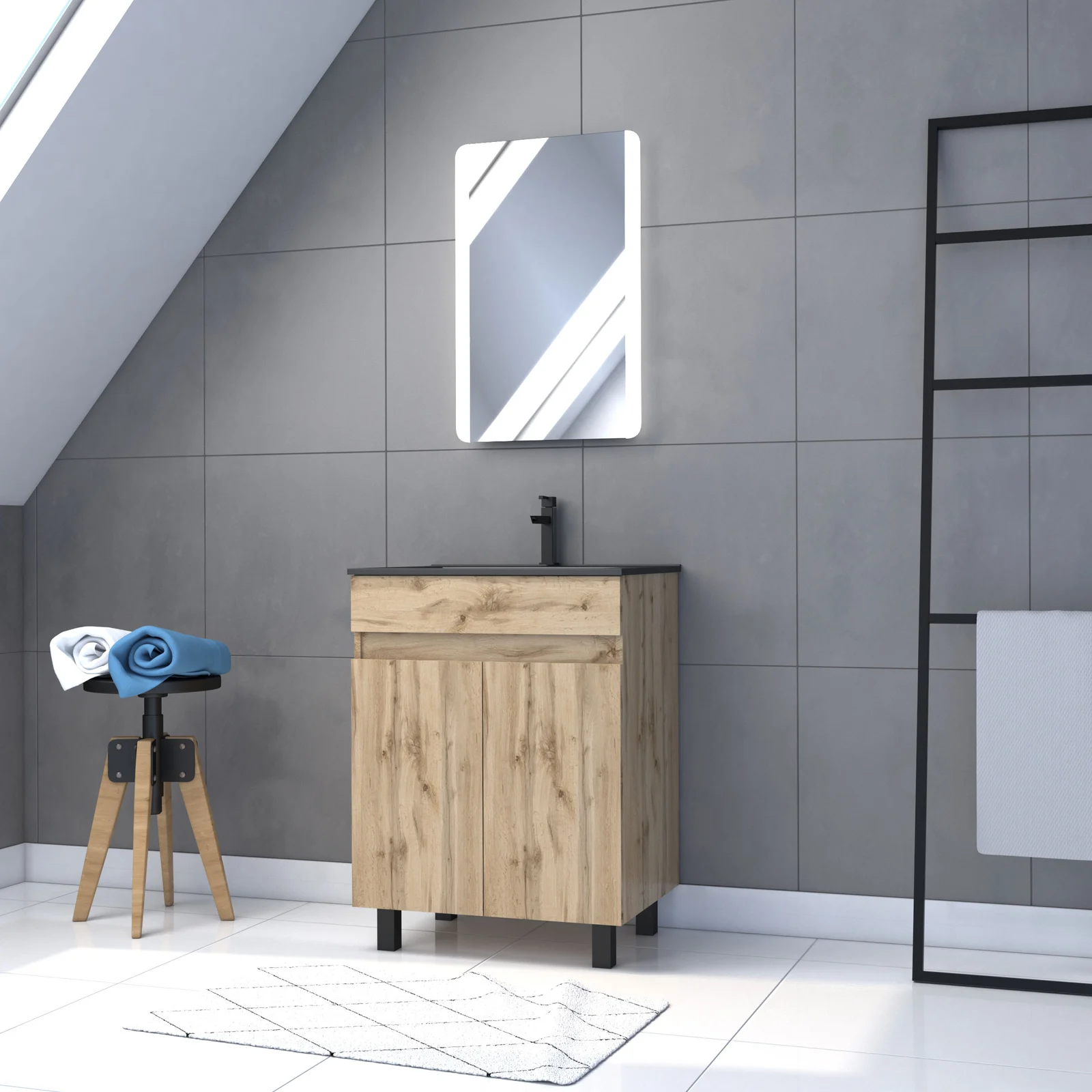 Meuble salle de bain 60x80 - Finition chene naturel - vasque noire + miroir Led - TIMBER 60 - Pack02 Meuble salle de bain 60x80 - Finition chene naturel - vasque noire + miroir Led - TIMBER 60 - Pack02