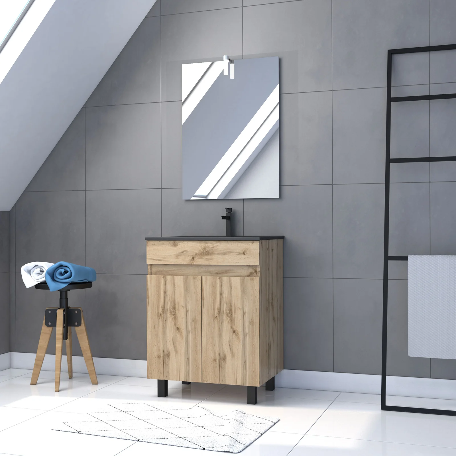 Meuble salle de bain 60x80 - Finition chene naturel + vasque noire + miroir Led - TIMBER 60 - Pack19 Meuble salle de bain 60x80 - Finition chene naturel + vasque noire + miroir Led - TIMBER 60 - Pack19
