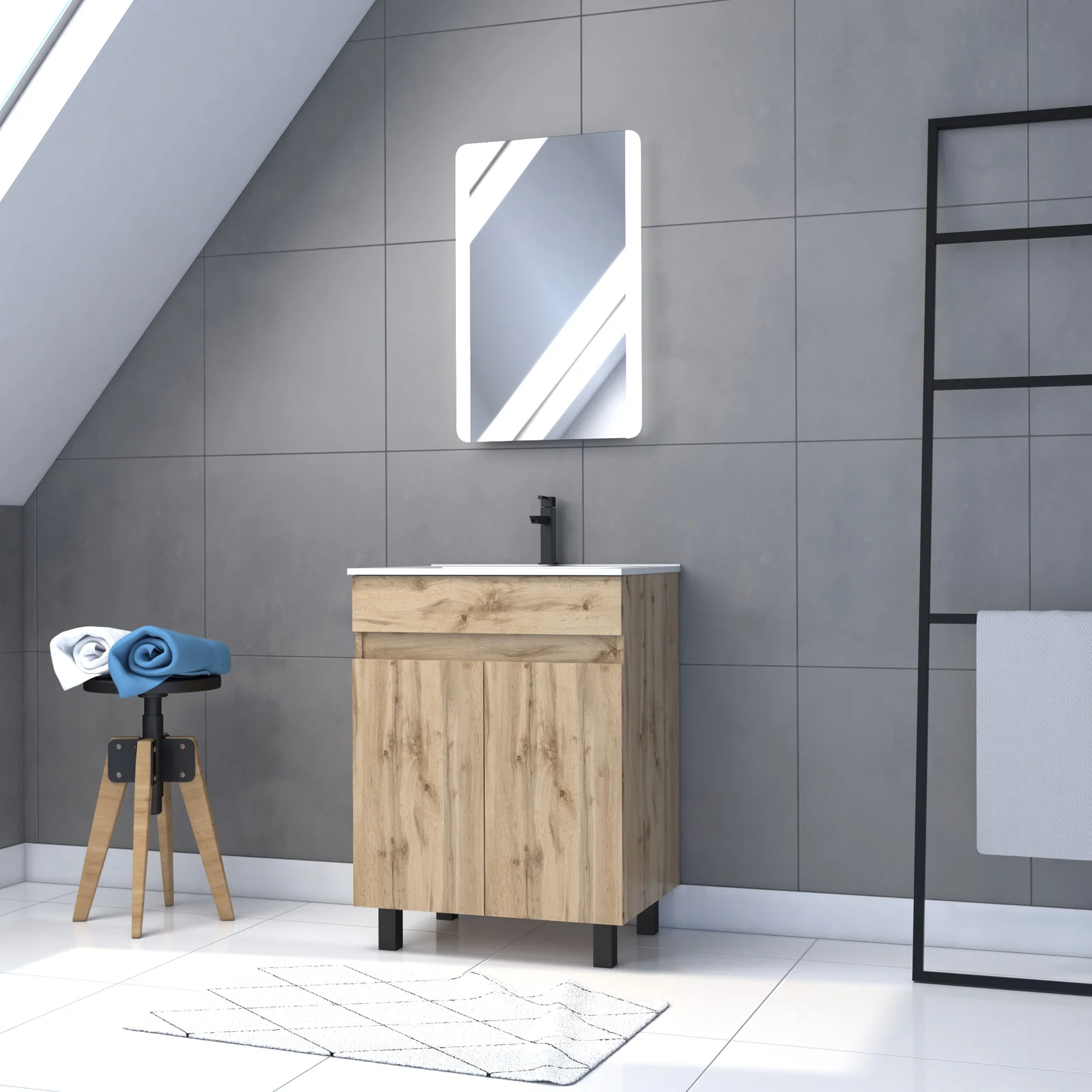 Meuble salle de bain 60x80 - Finition chene naturel - vasque blanche + miroir Led - TIMBER 60 Meuble salle de bain 60x80 - Finition chene naturel - vasque blanche + miroir Led - TIMBER 60