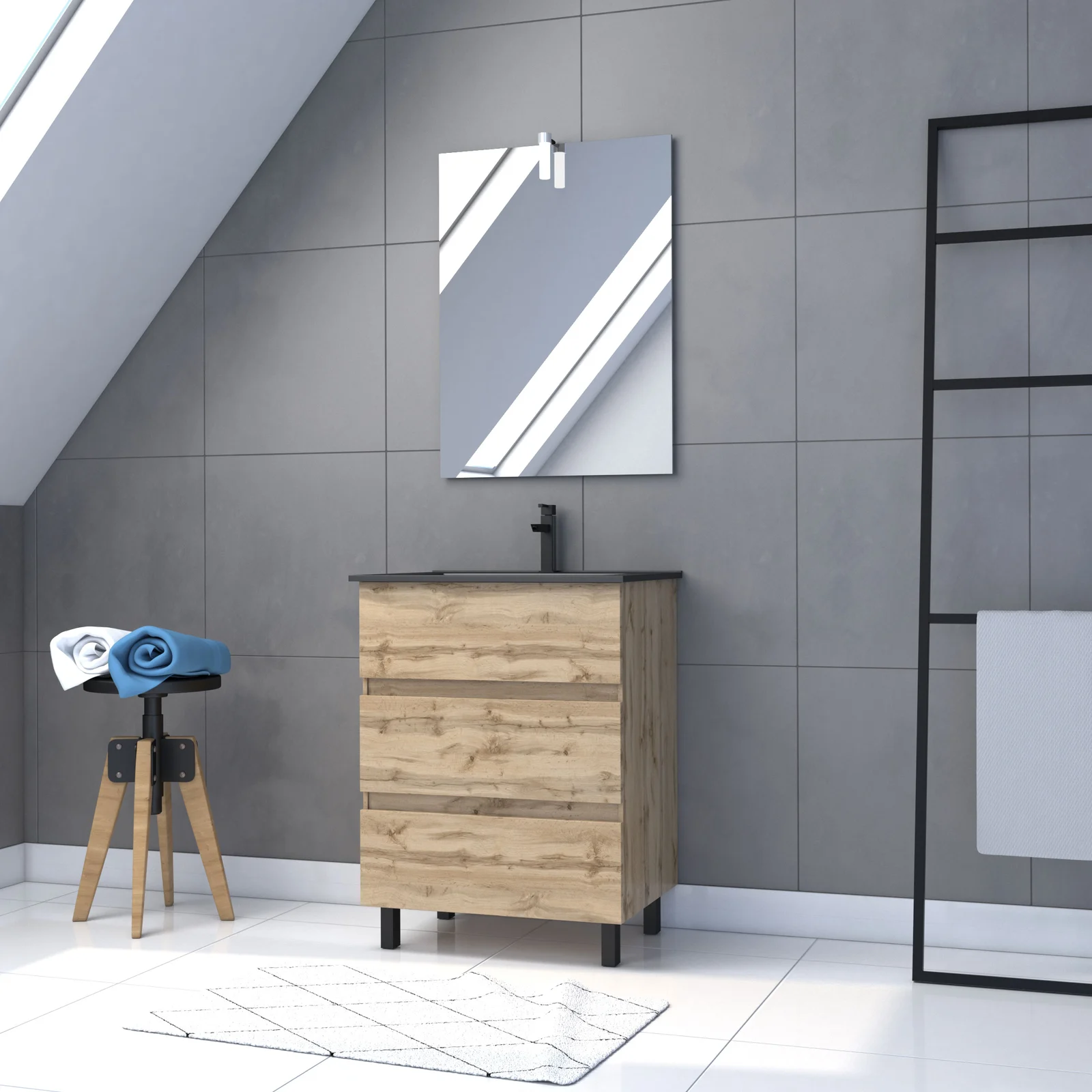 Meuble salle de bain 60x80 - Finition chene naturel + vasque noire + miroir Led - TIMBER 60 - Pack39 Meuble salle de bain 60x80 - Finition chene naturel + vasque noire + miroir Led - TIMBER 60 - Pack39