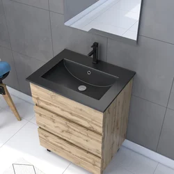 Meuble salle de bain 60x80 - Finition chene naturel + vasque noire + miroir Led - TIMBER 60 - Pack39