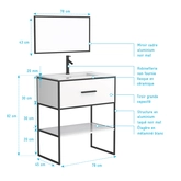 Meuble Salle de Bain 80 cm Blanc avec Tiroir et Etagère - Vasque - Miroir Cadre Noir Mat - THINKY