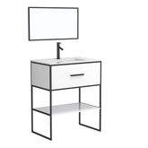 Meuble Salle de Bain 80 cm Blanc avec Tiroir et Etagère - Vasque - Miroir Cadre Noir Mat - THINKY