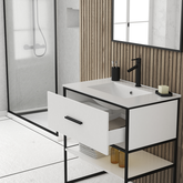 Meuble Salle de Bain 80 cm Blanc avec Tiroir et Etagère - Vasque - Miroir Cadre Noir Mat - THINKY