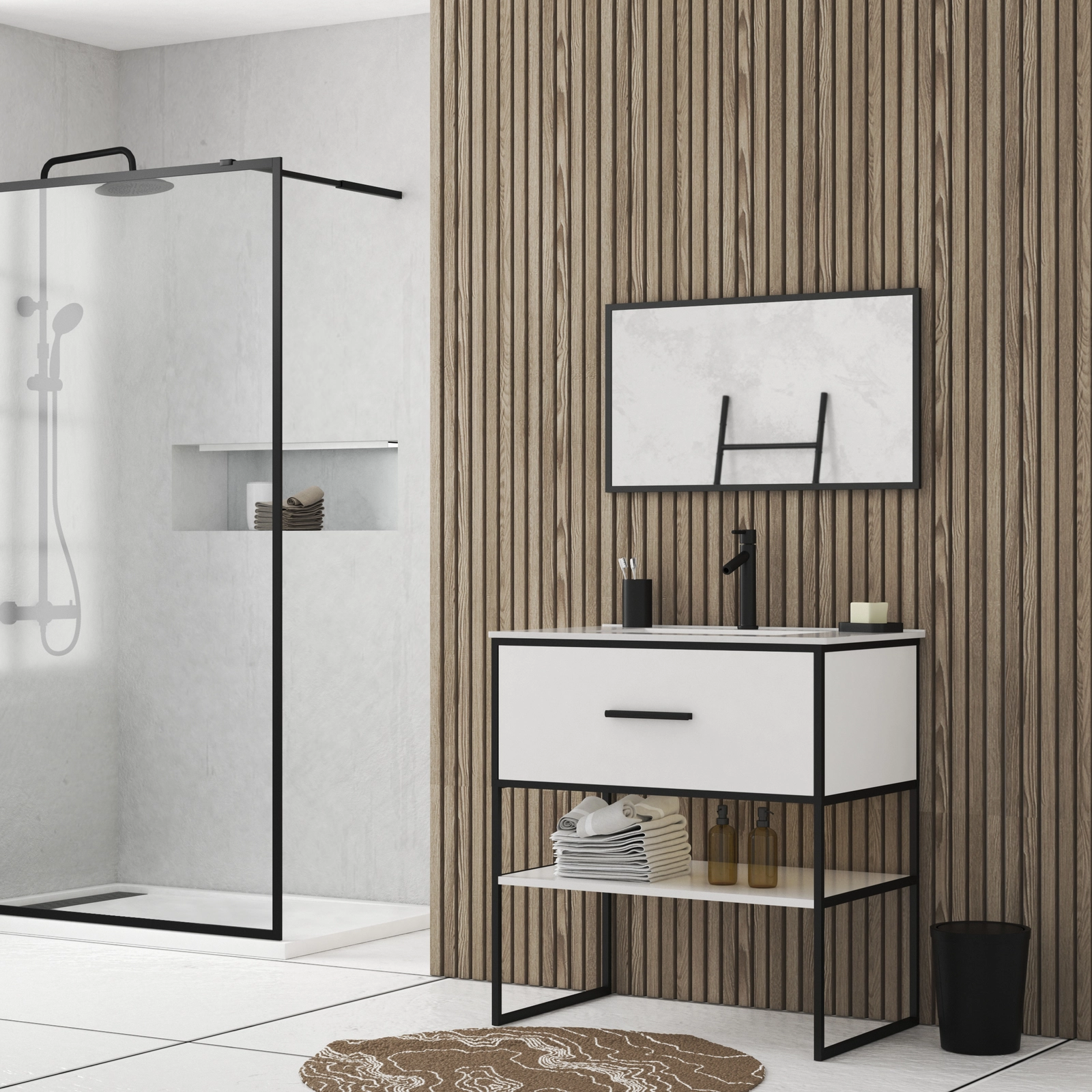 Meuble Salle de Bain 80 cm Blanc avec Tiroir et Etagère - Vasque - Miroir Cadre Noir Mat - THINKY Meuble Salle de Bain 80 cm Blanc avec Tiroir et Etagère - Vasque - Miroir Cadre Noir Mat - THINKY