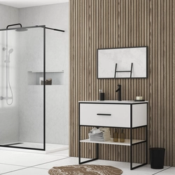 Meuble Salle de Bain 80 cm Blanc avec Tiroir et Etagère - Vasque - Miroir Cadre Noir Mat - THINKY