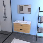 Meuble salle de bain 80 cm monte suspendu decor bois H46xL80xP45cm - avec tiroirs - vasque et miroir