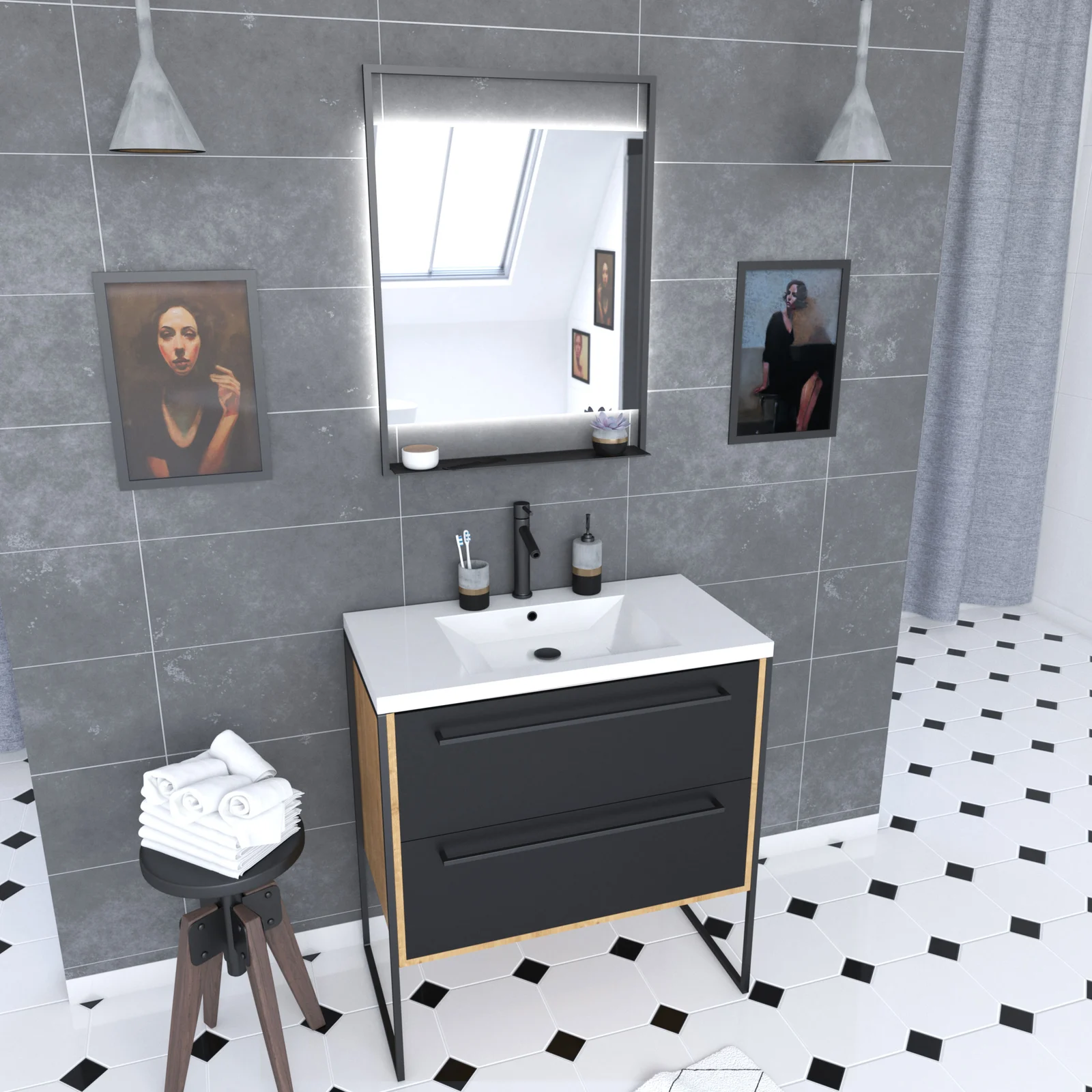 Meuble salle de bain 80x50cm - vasque blanche 80x50 cm - 2 tiroirs noir mat + miroir LED Meuble salle de bain 80x50cm - vasque blanche 80x50 cm - 2 tiroirs noir mat + miroir LED