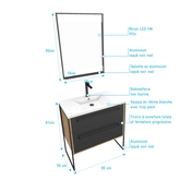 Meuble salle de bain 80x50cm - vasque blanche 80x50 cm - 2 tiroirs noir mat + miroir LED