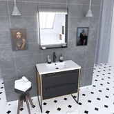 Meuble salle de bain 80x50cm - vasque blanche 80x50 cm - 2 tiroirs noir mat + miroir LED