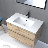 Meuble salle de bain 80x54 - Finition chene naturel + vasque blanche + miroir - TIMBER 80 - Pack 35