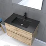 Meuble salle de bain 80x54 - Finition chene naturel + vasque noire + miroir Led - TIMBER 80 - Pack12