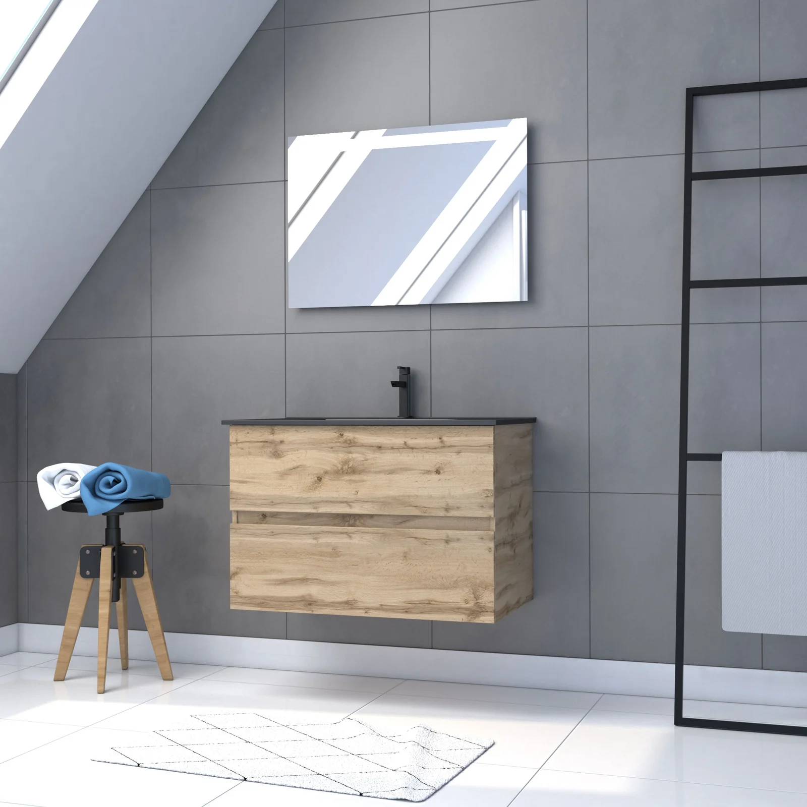 Meuble salle de bain 80x54 - Finition chene naturel + vasque noire + miroir Led - TIMBER 80 - Pack12 Meuble salle de bain 80x54 - Finition chene naturel + vasque noire + miroir Led - TIMBER 80 - Pack12