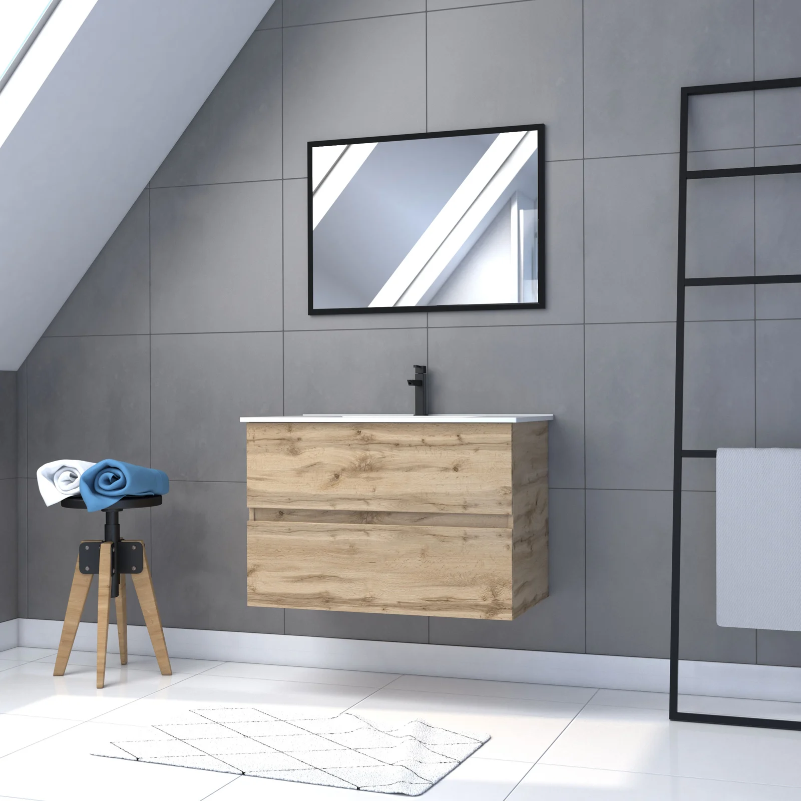 Meuble salle de bain 80x54 - Finition chene naturel + vasque blanche +  miroir - TIMBER 80 - Pack 35 - Aurlane