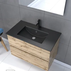 Meuble salle de bain 80x54 - Finition chene naturel + vasque noire + miroir Led - TIMBER 80 - Pack12