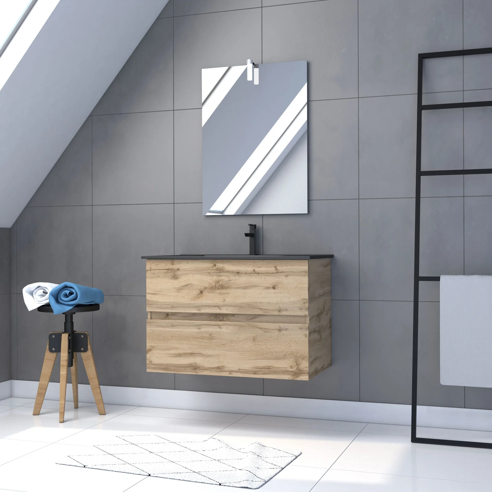 Meuble salle de bain 80x54 - Finition chene naturel + vasque noire + miroir Led - TIMBER 80 - Pack33 Meuble salle de bain 80x54 - Finition chene naturel + vasque noire + miroir Led - TIMBER 80 - Pack33