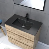 Meuble salle de bain 80x80 cm - Finition chene naturel + vasque noire + miroir - TIMBER 80 - Pack17