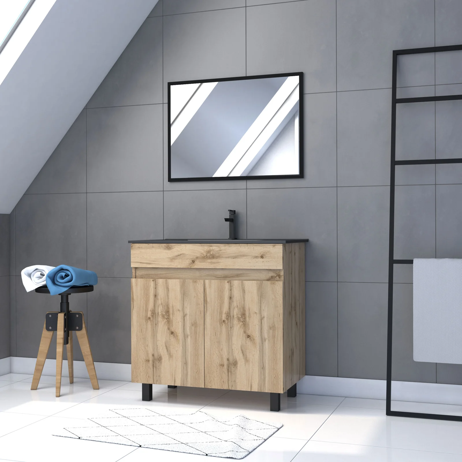 Meuble salle de bain 80x80 cm - Finition chene naturel + vasque noire + miroir - TIMBER 80 - Pack05 Meuble salle de bain 80x80 cm - Finition chene naturel + vasque noire + miroir - TIMBER 80 - Pack05