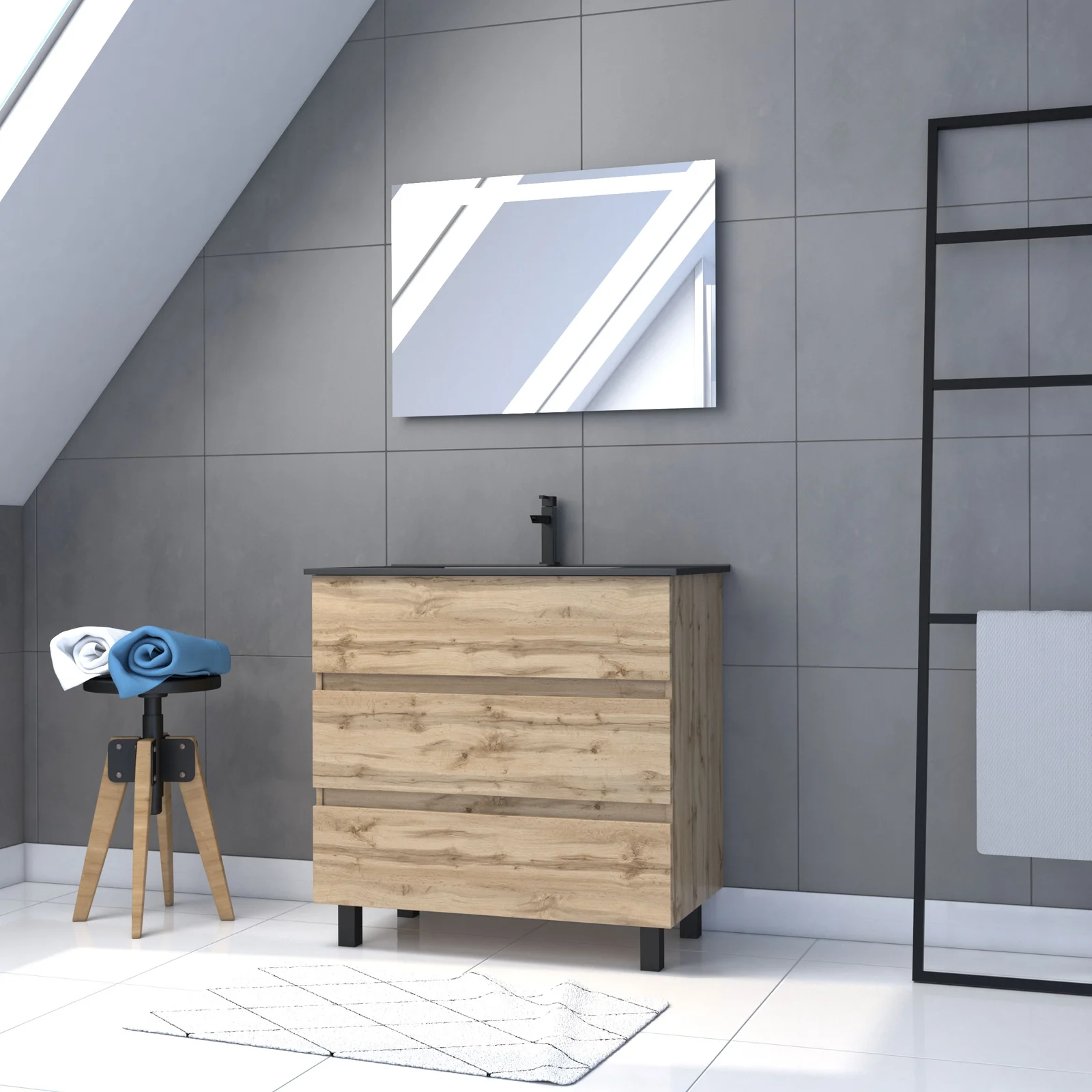 Meuble salle de bain 80x80 - Finition chene naturel + vasque noire + miroir Led - TIMBER 80 - Pack18 Meuble salle de bain 80x80 - Finition chene naturel + vasque noire + miroir Led - TIMBER 80 - Pack18