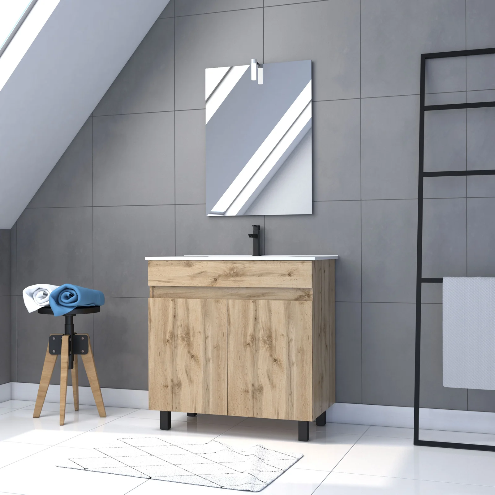 Meuble salle de bain 80x80 -Finition chene naturel + vasque blanche + miroir Led- TIMBER 80 - Pack27 Meuble salle de bain 80x80 -Finition chene naturel + vasque blanche + miroir Led- TIMBER 80 - Pack27