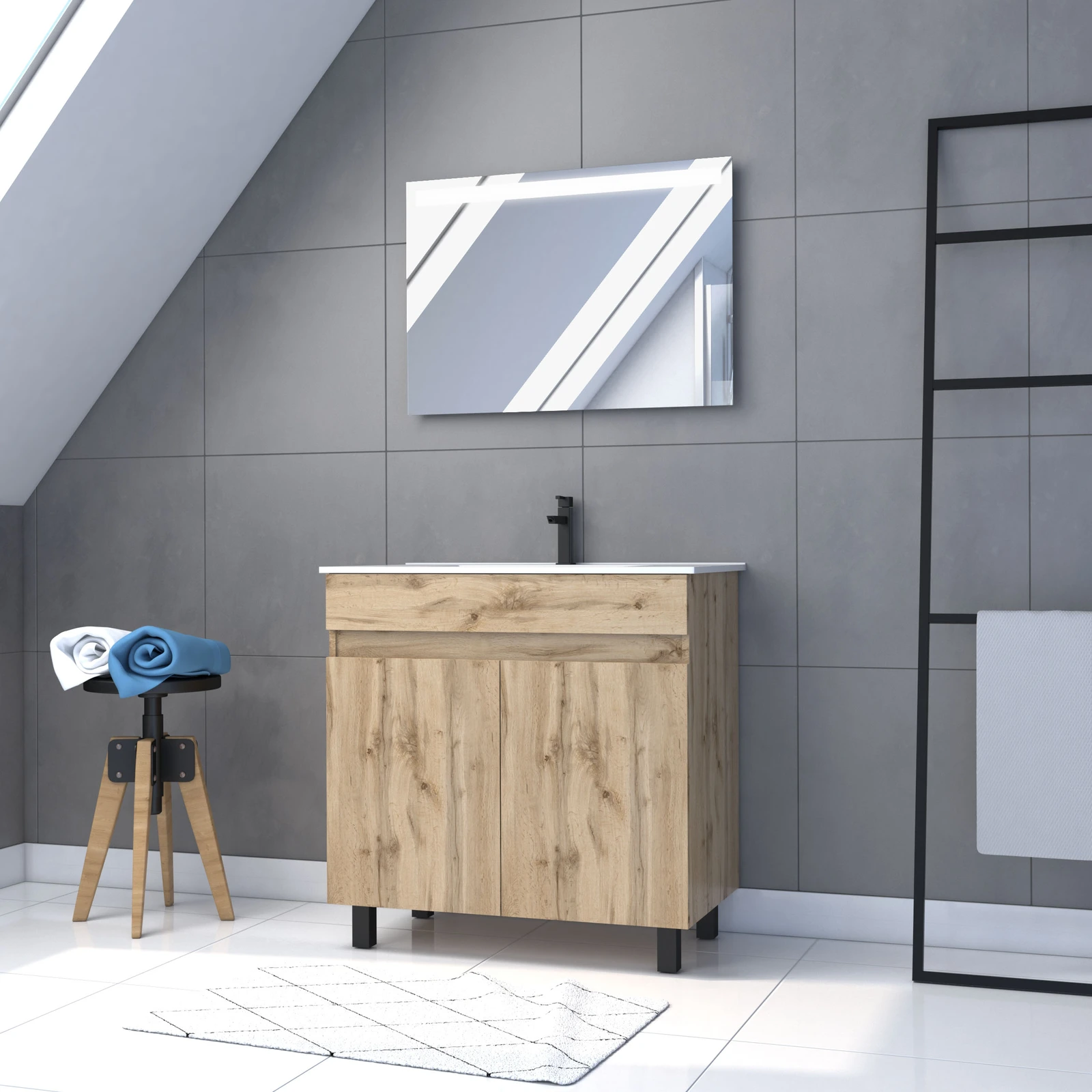 Meuble salle de bain 80x80 -Finition chene naturel + vasque blanche + miroir Led- TIMBER 80 - Pack26 Meuble salle de bain 80x80 -Finition chene naturel + vasque blanche + miroir Led- TIMBER 80 - Pack26