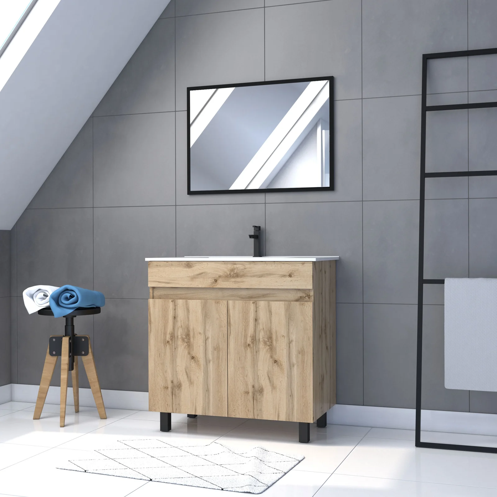 Meuble salle de bain 80x80 - Finition chene naturel + vasque blanche + miroir - TIMBER 80 - Pack25 Meuble salle de bain 80x80 - Finition chene naturel + vasque blanche + miroir - TIMBER 80 - Pack25