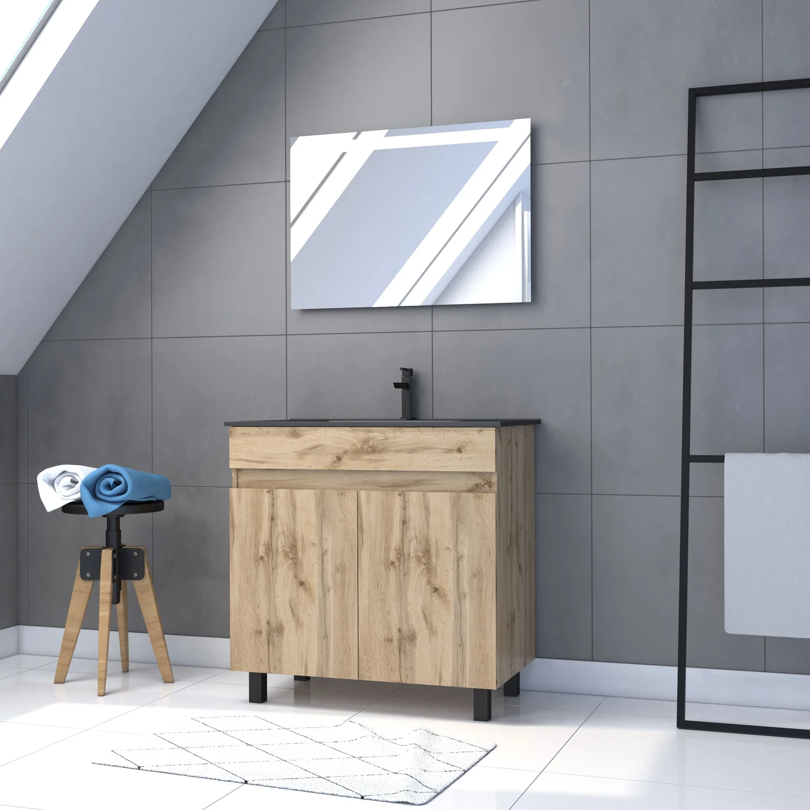 Meuble salle de bain 80x80 - Finition chene naturel + vasque noire + miroir Led - TIMBER 80 - Pack06 Meuble salle de bain 80x80 - Finition chene naturel + vasque noire + miroir Led - TIMBER 80 - Pack06