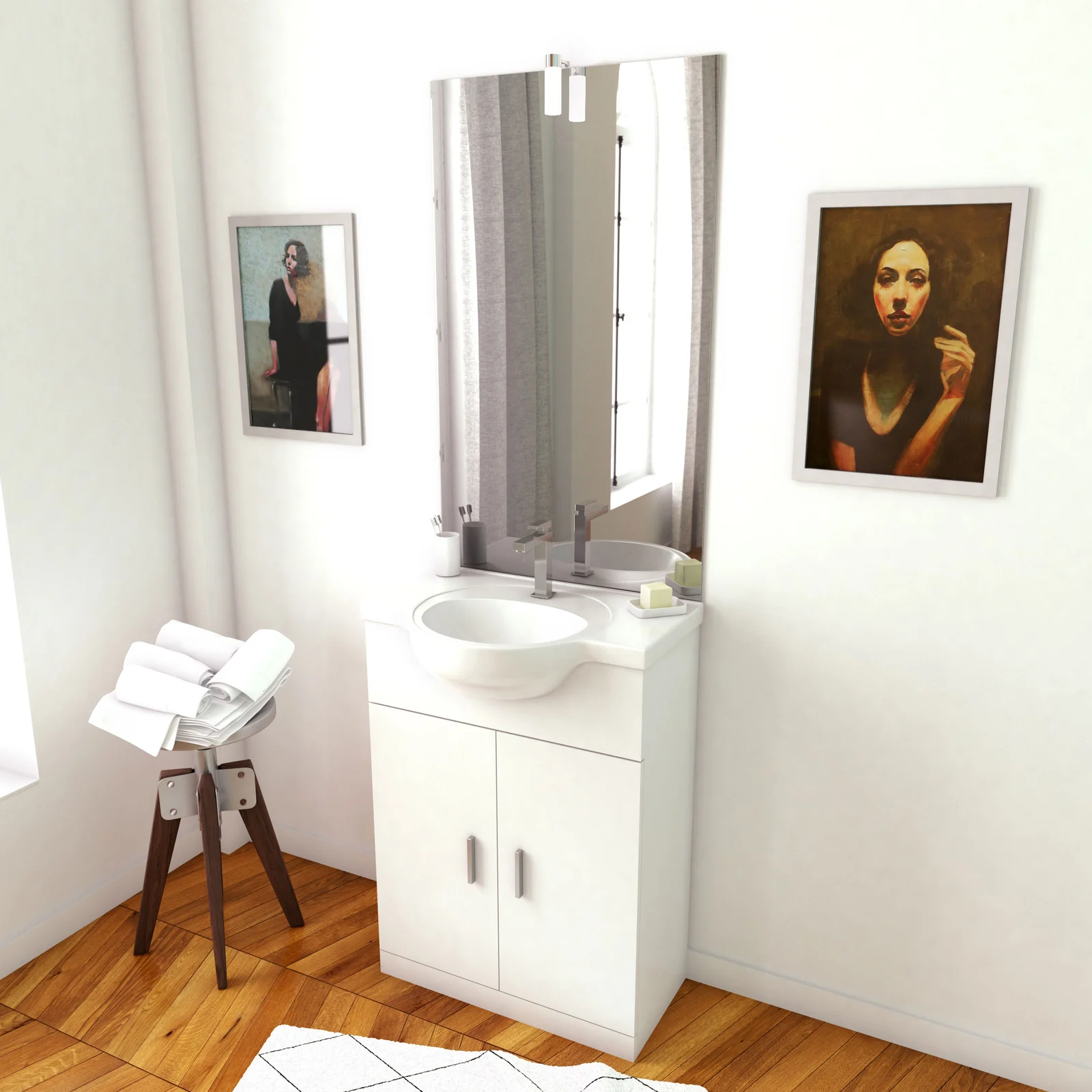 Meuble salle de bain blanc 60 cm sur pied + vasque ceramique blanche + miroir applique led Meuble salle de bain blanc 60 cm sur pied + vasque ceramique blanche + miroir applique led